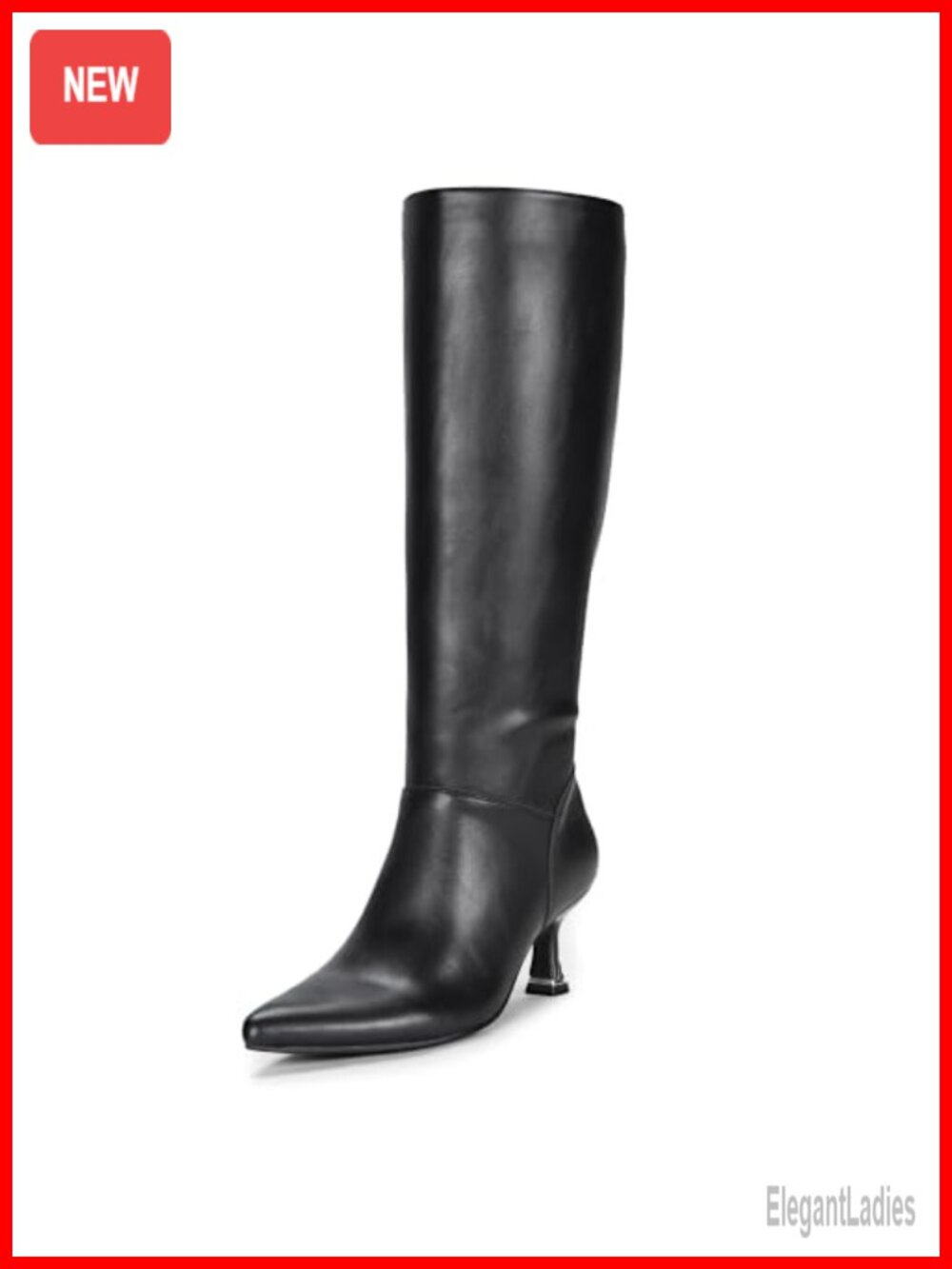Pointed Toe Kitten Heel Knee High Dress Boots Faux Leather Zip